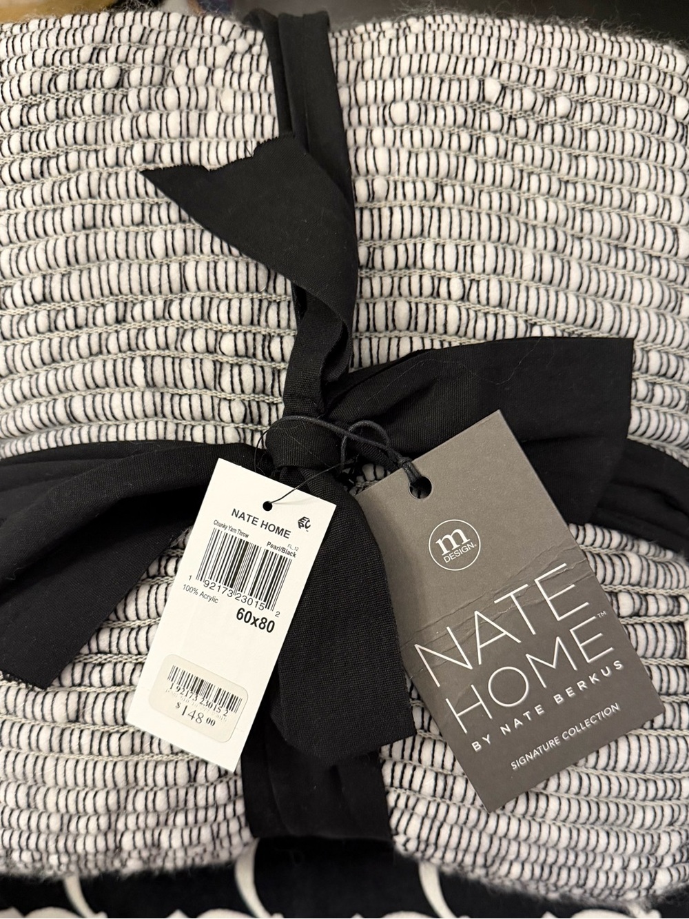 Nate Berkus Black and White Textured Throw with Decorative Tie